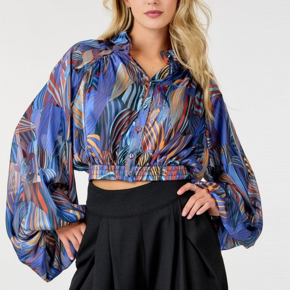 Women's Long Balloon Sleeve Button Up Multi Print Cropped Blouse Top - Picture 1 of 5